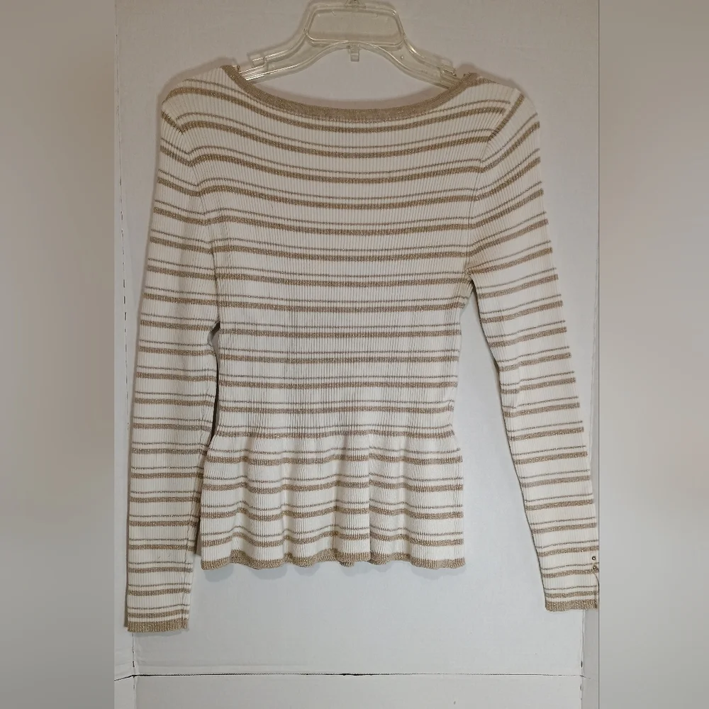 White House Black Market Striped Cream and Tan Sweater Small